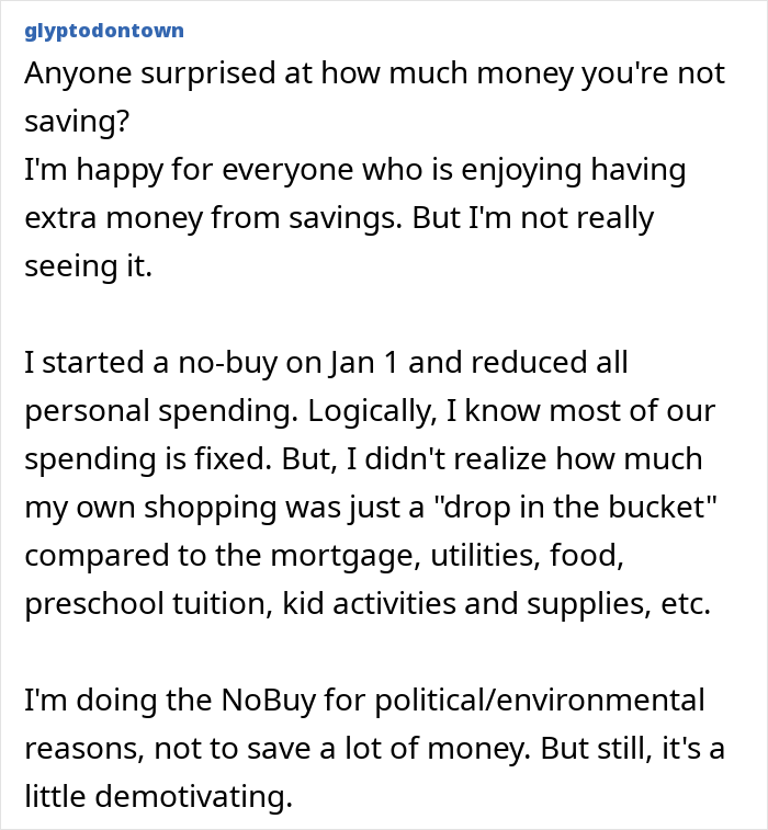 Text on starting a no-buy challenge to reduce consumerism in 2025, sharing thoughts on spending and motivation.