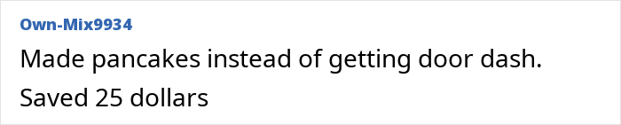 Text image showing someone saving money by making pancakes, part of the "No-Buy 2025" trend.