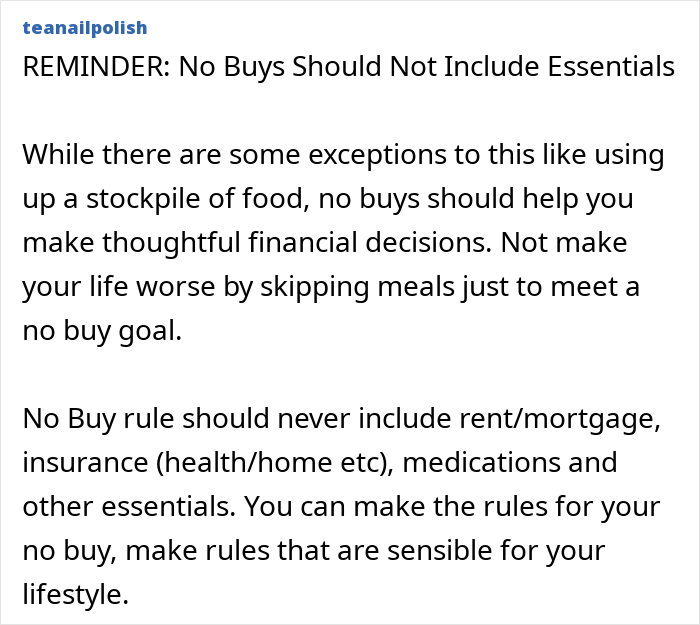 No Buy reminder text emphasizing essentials' exclusion for thoughtful financial decisions in the No-Buy 2025 challenge.