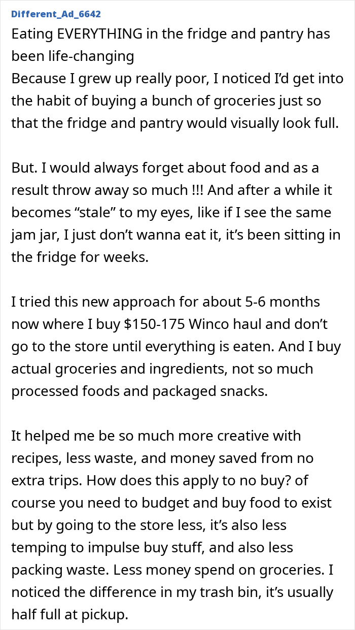 Text discussing reduced consumerism, emphasizing the impact of a "no-buy" lifestyle change on grocery habits and waste reduction.