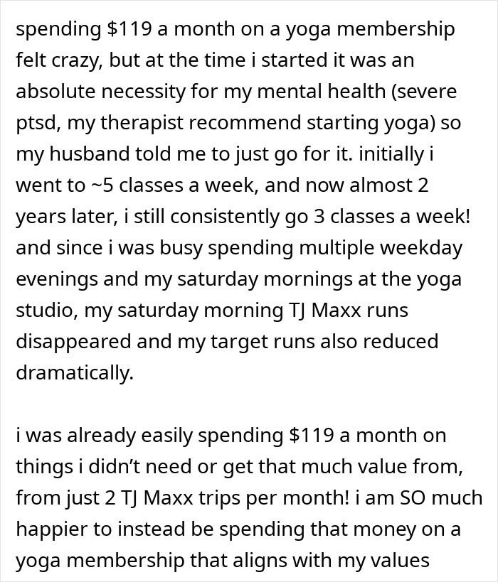 Text discussing a shift from consumerism to valuing a yoga membership over TJ Maxx shopping trips for mental health.
