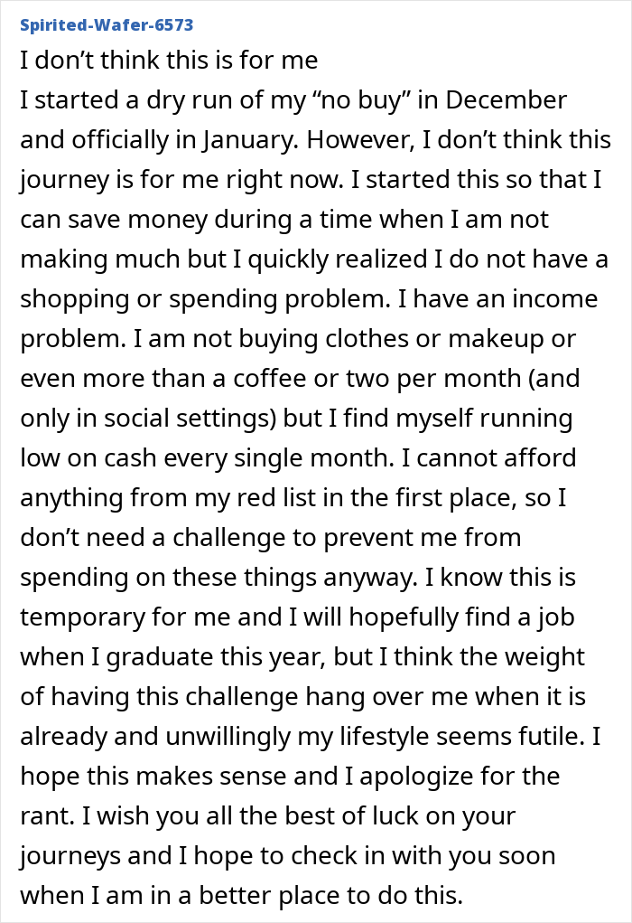 Text post discussing a personal experience with the "No-Buy 2025" challenge and financial struggles.