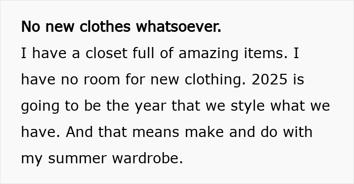 Text discussing commitment to "No-Buy 2025" with focus on using existing wardrobe instead of buying new clothes.