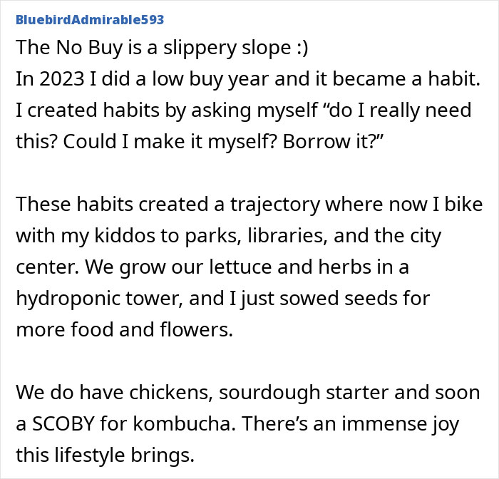 No-Buy lifestyle insights shared on sustainable habits, gardening, and simple joys beyond consumerism.