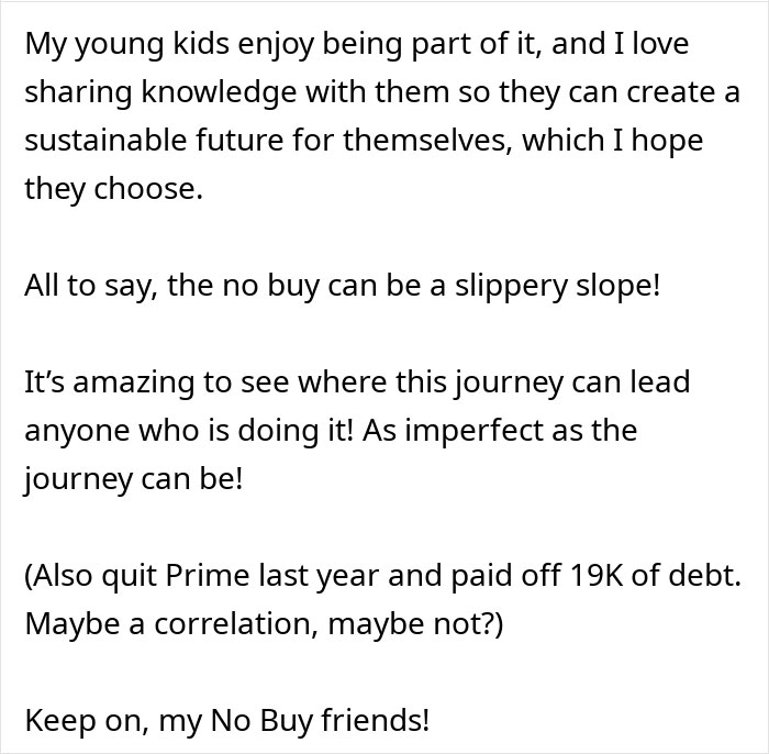 Text discussing "No-Buy 2025" journey, highlighting personal experiences and debt reduction after quitting Prime.