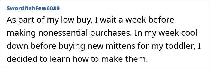 Text post on no-buy strategy, waiting a week for nonessential purchases, and learning to make toddler mittens.