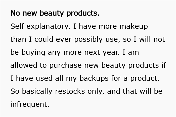 Avoiding consumerism by not buying new beauty products in 2025; only restocking essentials when backups deplete.