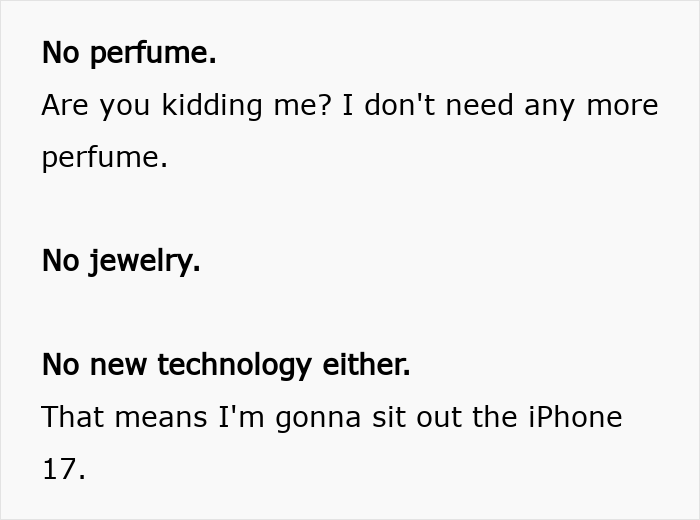 Text about avoiding perfume, jewelry, and new technology like iPhone 17 for a No-Buy 2025 initiative.