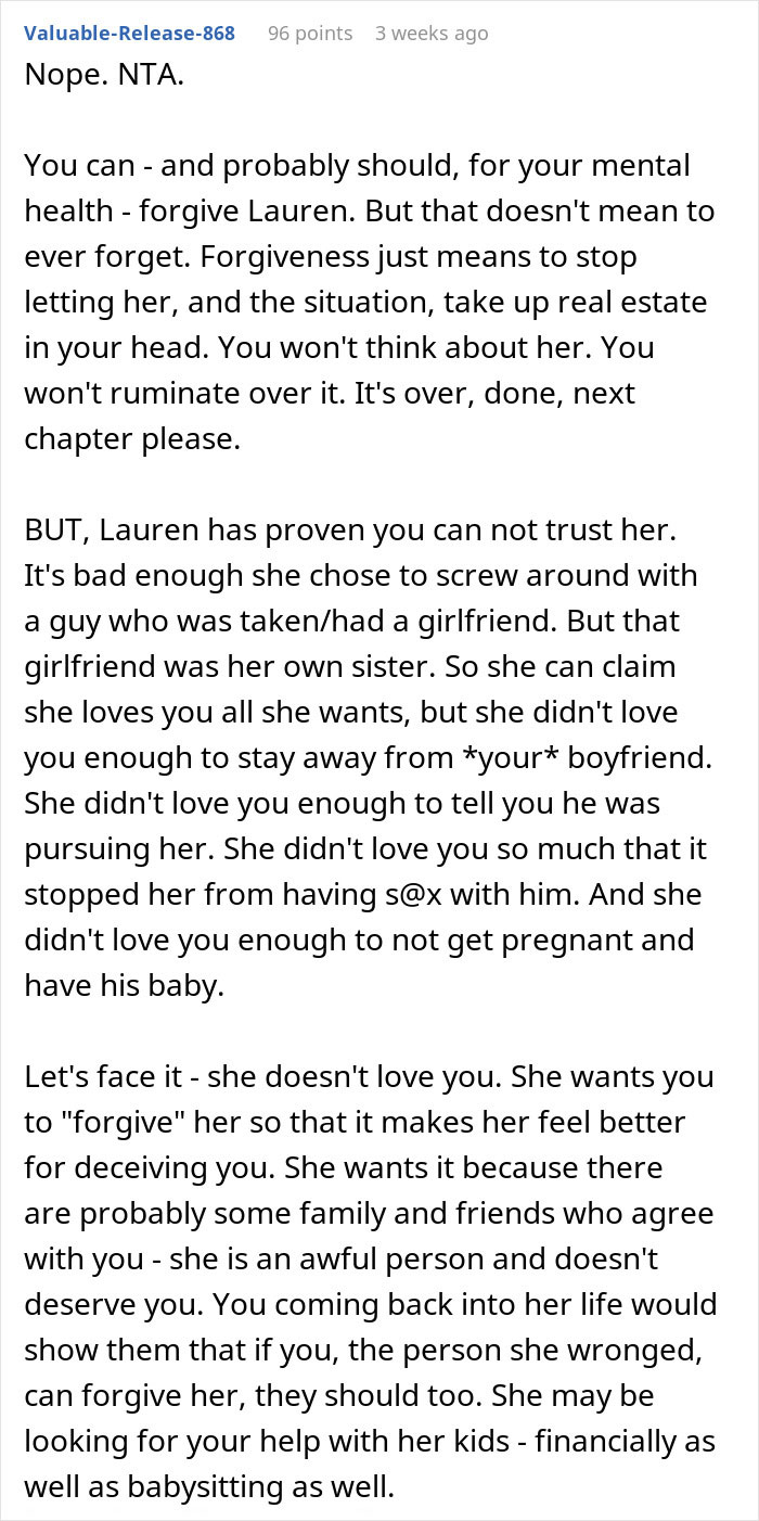 Reddit comment discussing a woman refusing to rekindle her relationship with her sister after betrayal.