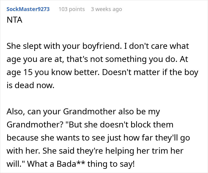 Reddit comment supporting woman's decision not to rekindle relationship with sister after a conflict over a boyfriend.