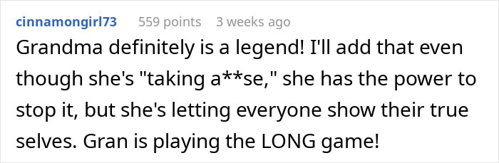 Reddit comment by cinnamongirl73 discussing grandma's patience.