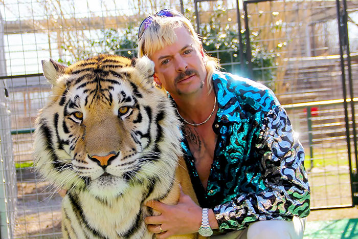 Man in a patterned shirt posing with a large tiger, highlighting unique nuances of US culture for travelers.