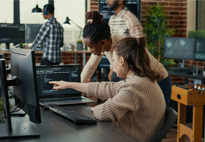 Two colleagues collaborating on coding at office computers, highlighting work culture and teamwork in the US.