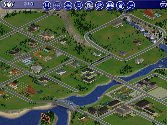 Simulated suburban neighborhood in a video game showcasing aspects of US culture and lifestyle through virtual buildings and roads.