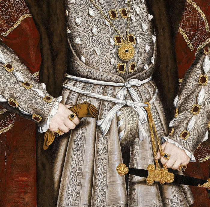 Medieval noble in ornate attire holding a sword, showcasing fashion and accessories from medieval times.