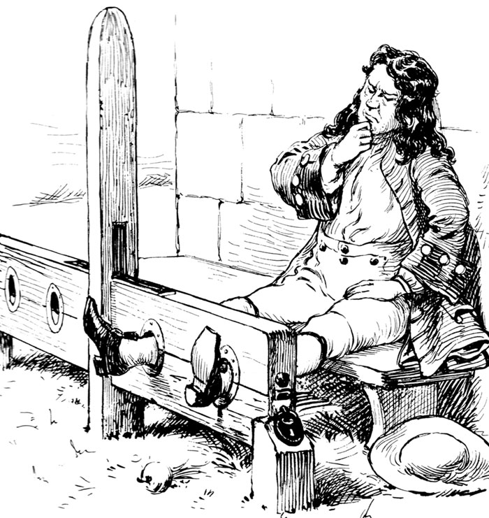 Man in medieval stocks with thoughtful expression, representing strange medieval practices.