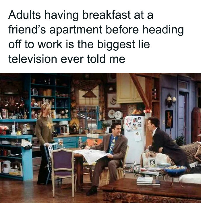 '90s TV scene with friends having breakfast in a cozy kitchen, capturing a nostalgic moment.