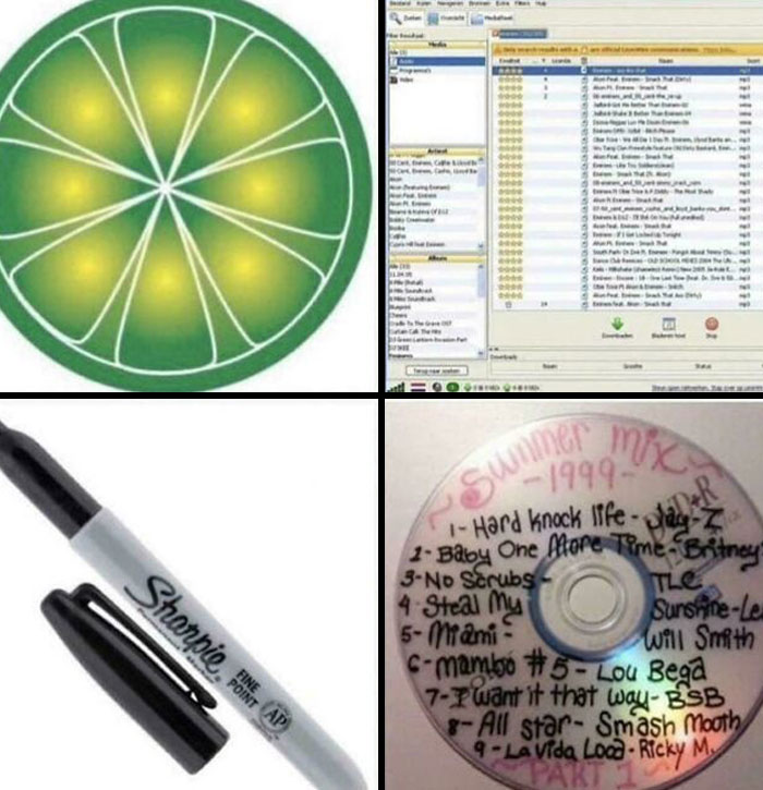 LimeWire logo, Sharpie marker, 1999 mix CD with '90s songs.