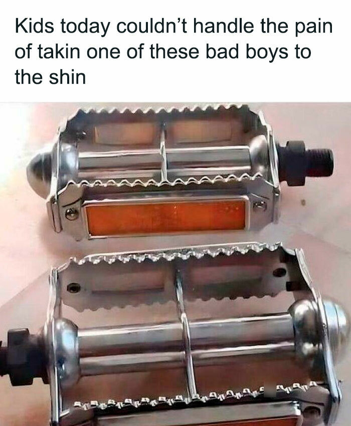 '90s bike pedals evoke nostalgia and humor about enduring their shin impact.