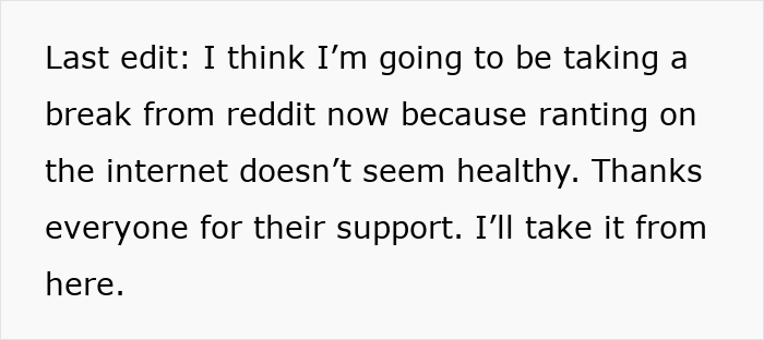 Text about taking a break from Reddit, mentioning the unhealthy nature of internet rants and gratitude for support.