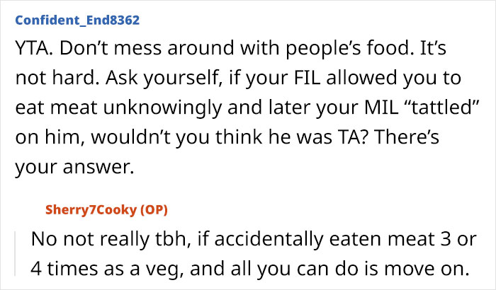 Comments about FIL's reaction to vegetarian meatballs mishap, discussing food boundaries and responses.