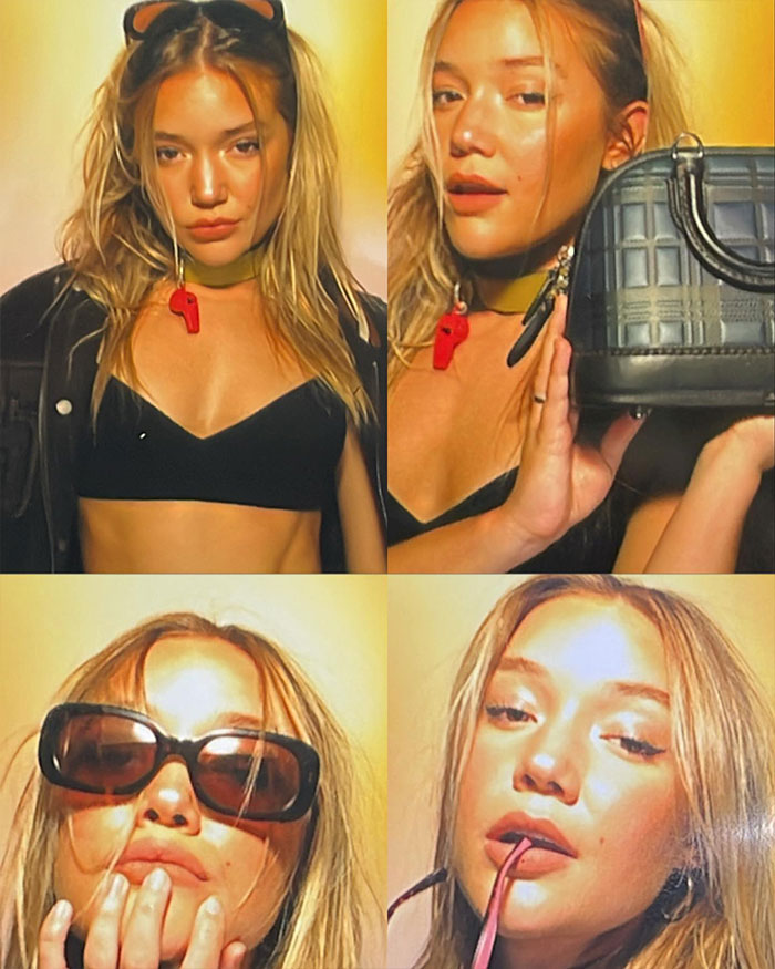 Olivia Ponton in stylish outfits posing for multiple photos, showcasing trendy accessories and makeup.