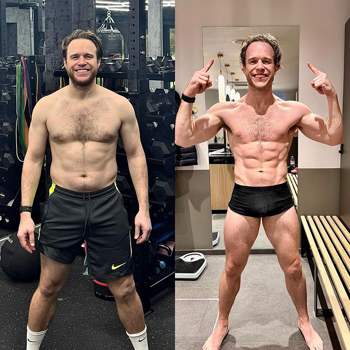 Side-by-side comparison of a singer's physique transformation showing muscle definition and fitness progress before and after.