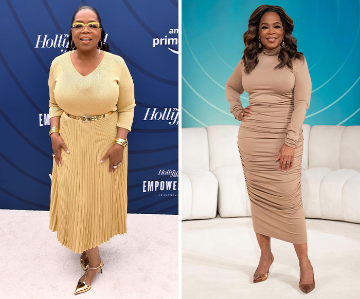 Two women in stylish outfits, one in a pleated skirt, another in a ruched dress, highlighting the Ozempic feet discussion.