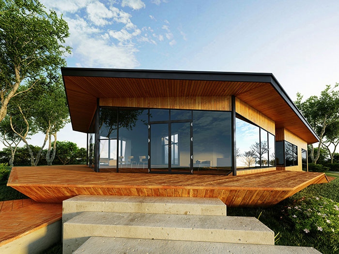 Modern luxury house with large glass windows surrounded by trees, showcasing wealth aesthetics.