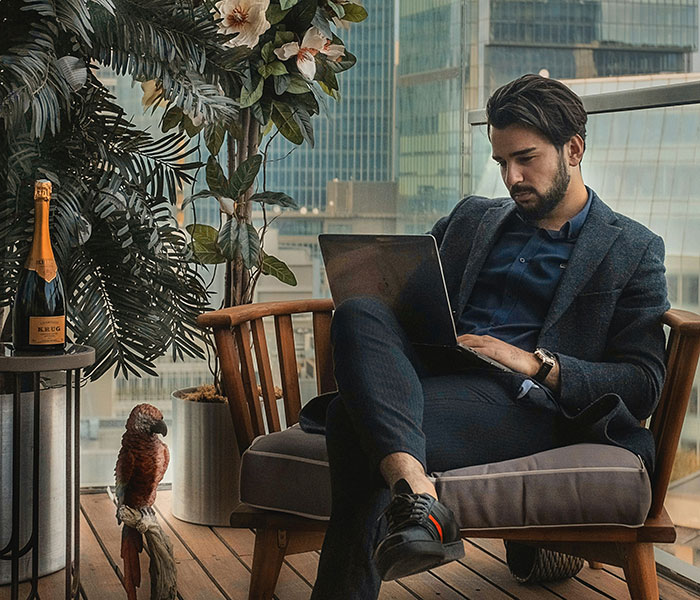 Rich person sitting on a balcony with a laptop, surrounded by plants and luxury items, reflecting out-of-touch lifestyle.