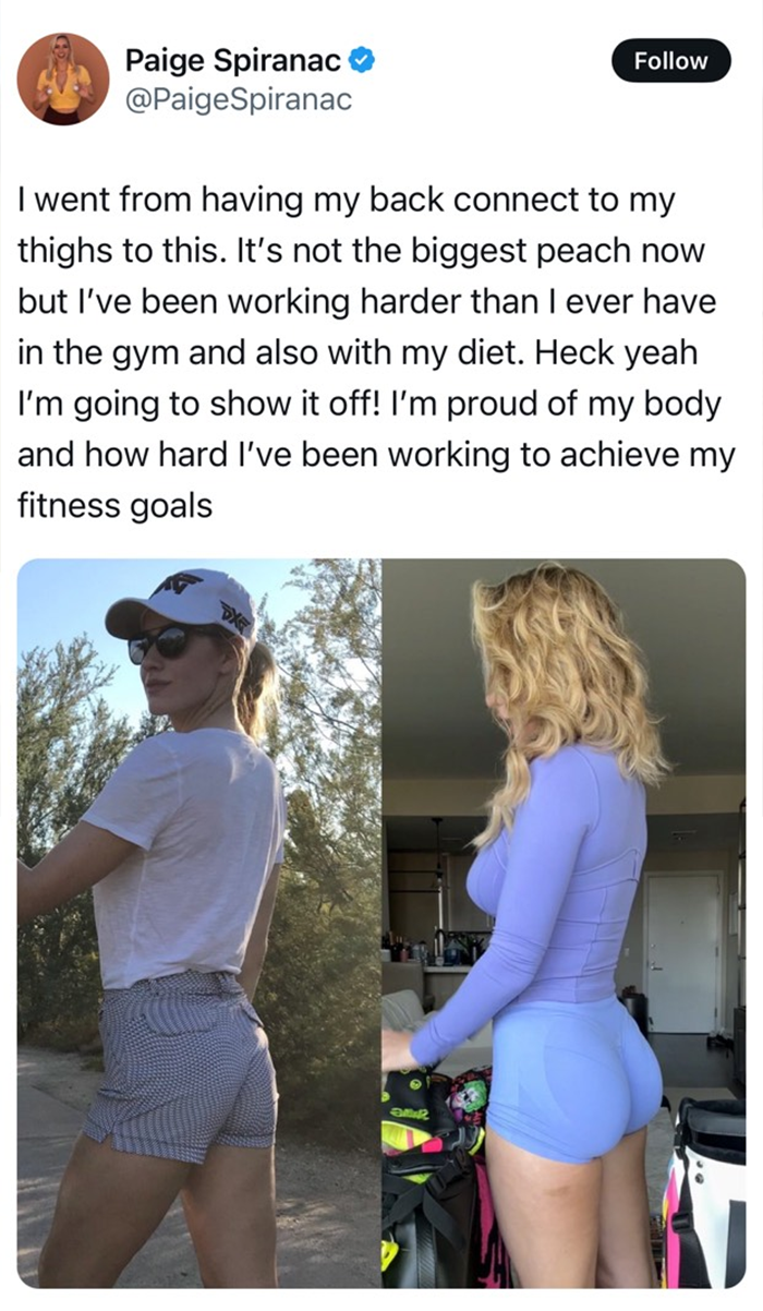 Golf influencer shows buttocks transformation with before-and-after photos, highlighting fitness progress.