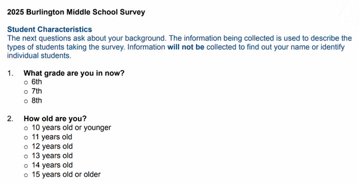 Middle school survey questions, including grade and age, causing parent concerns.