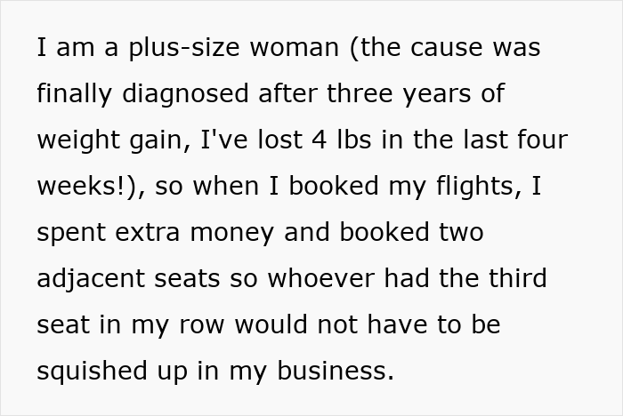 Text about a woman booking two plane seats for comfort due to size.