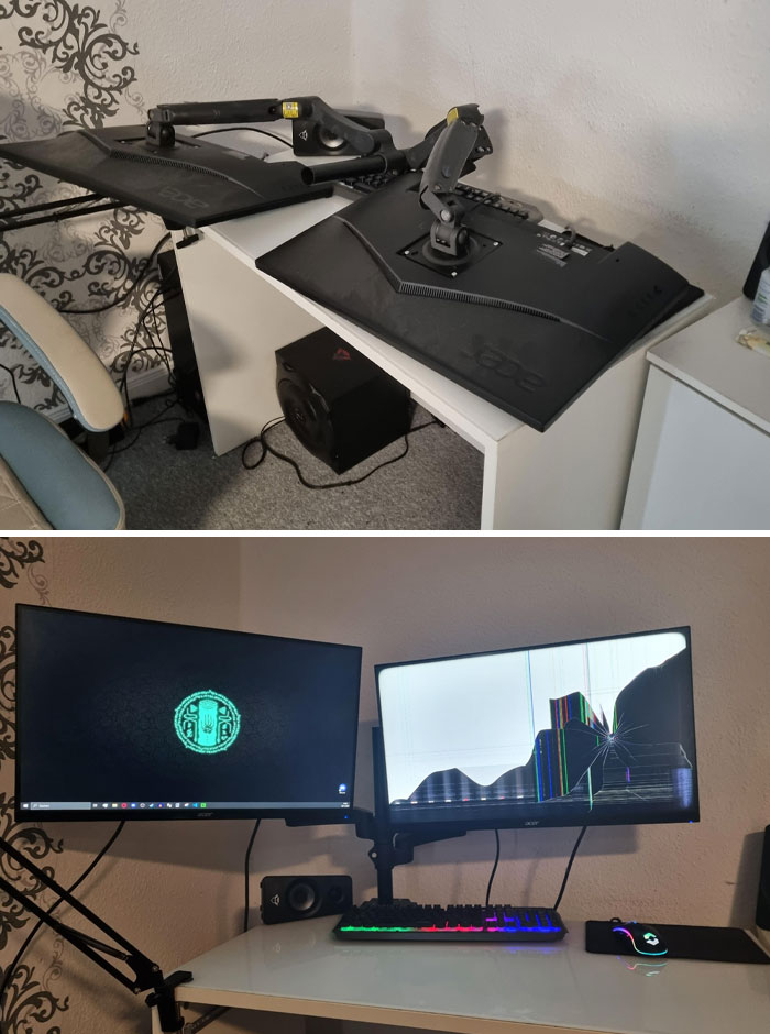 Estación de trabajo con doble monitor, uno roto, mostrando a personas que seguramente estén teniendo un mal día.