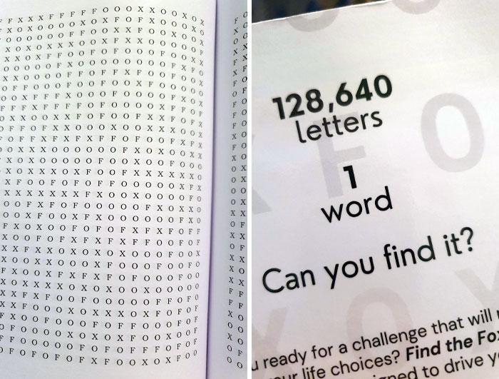 Puzzle with 128,640 letters showing a challenge to find one word.