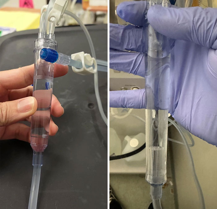 Two medical tubes with air bubbles inside, illustrating a dangerous scenario in healthcare settings.