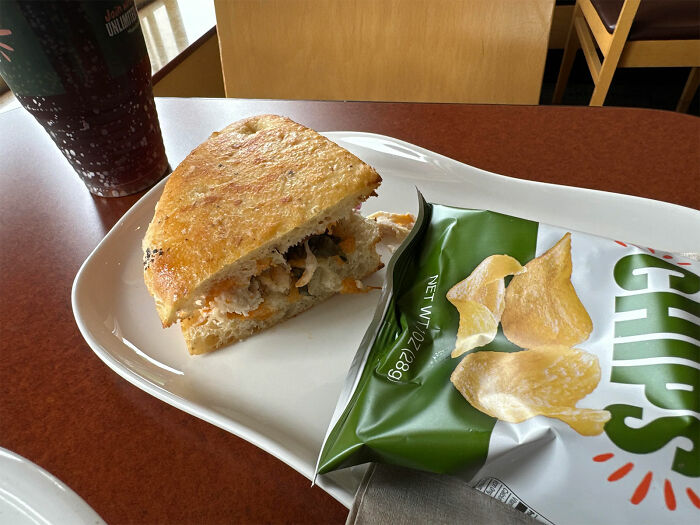 Sandwich and chips on a dining tray, representing items some people refrain from using.