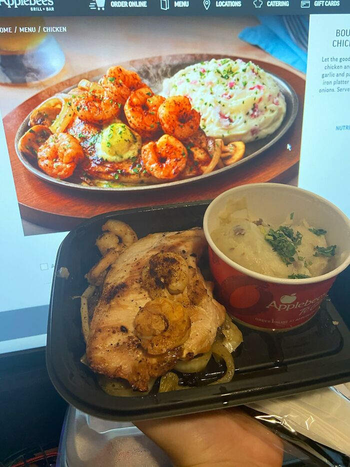 Applebee's takeout dish with grilled chicken and shrimp, compared to online menu photo.