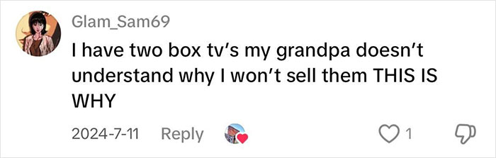 Comment about the value of physical media, discussing keeping box TVs for sentimental reasons.