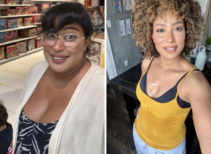 Side-by-side inspiring weight loss before and after photos of a woman showing significant transformation results.