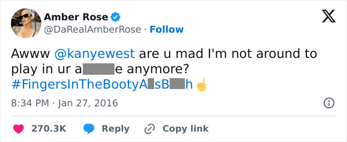 Amber Rose tweets a petty comment to Kanye West, sparking online buzz with hashtag.
