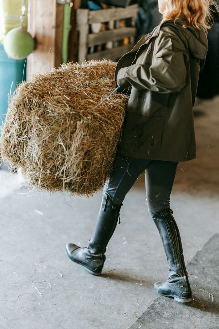 Person in riding boots lifting a large bale of hay, illustrating obvious things you’ve just become aware of in daily tasks.