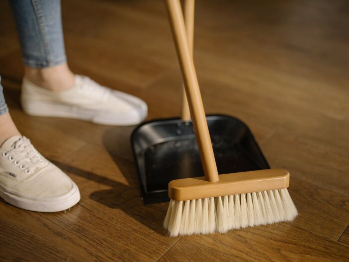 Person with broom and dustpan on wooden floor, highlighting cleaning rules.