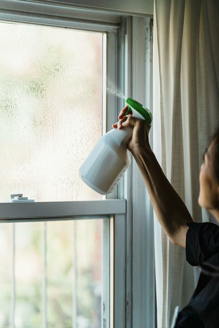Person cleaning a window with a spray bottle, illustrating strict cleaning rules.
