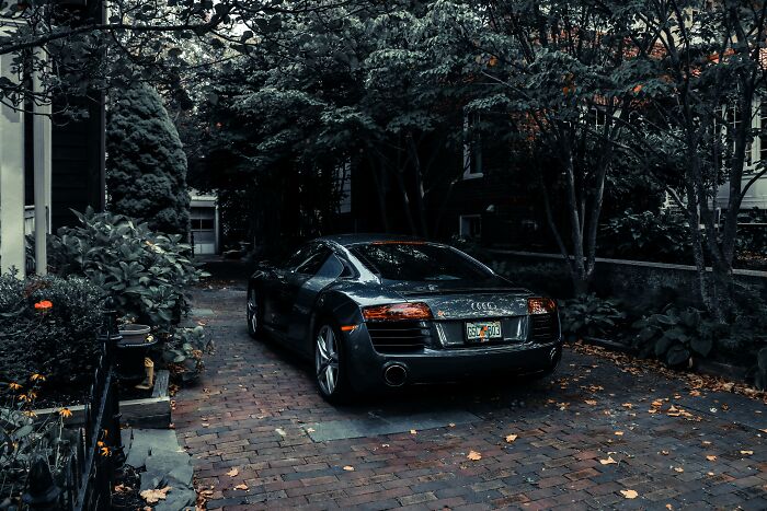 Luxury sports car parked in a driveway, surrounded by lush greenery, epitomizing a sense of wealth and lavish lifestyle.