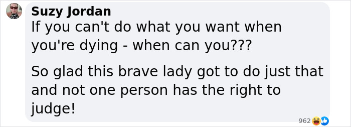 Text message discussing a brave woman who made choices after a cancer diagnosis, highlighting empowerment and non-judgment.