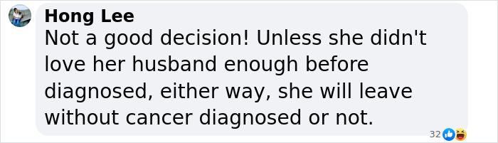 Facebook comment discussing a woman's decision after cancer diagnosis; includes reactions.