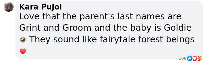 Comment referencing Rupert Grint's baby, mentioning last names Grint and Groom with a whimsical tone.