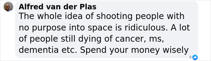 Comment criticizing Blue Origin flight, emphasizing spending money wisely instead of space ventures.