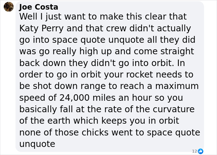 Text discussing Blue Origin flight, doubting the space journey authenticity with Katy Perry.